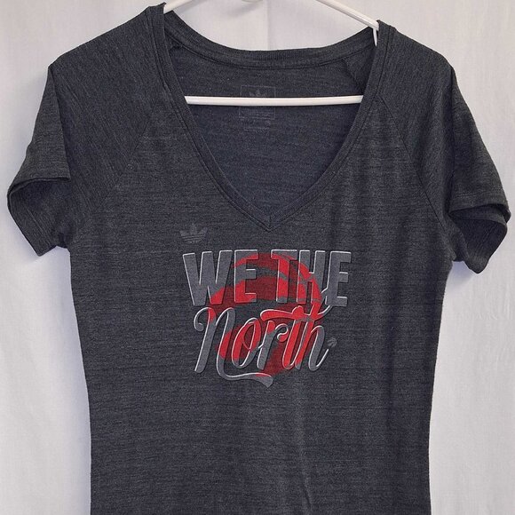 Adidas Toronto Raptors “We The North” T-Shirt Women’s L Dark Gray Red NBA V-Neck - Picture 1 of 3